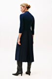 Kadın Fitilli Beli Büzgülü Eteği Piliseli Midi Elbise - Lacivert | S