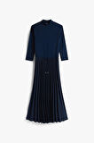 Kadın Fitilli Beli Büzgülü Eteği Piliseli Midi Elbise - Lacivert | M