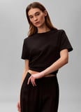 Calvin Klein Yuvarlak Yaka Desenli Siyah Kadın T-Shirt SS LUX CTN INTERLOCK EMBLEM MOCK