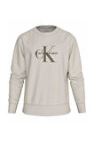 Erkek Bisiklet Yaka Monogram Logolu Pamuklu Sweatshirt - Krem | XS