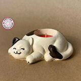 Uretti - Pınar 6606 - El Yapımı Bej - Kahverengi Sevimli Kedi Tealight Mumluk - 6 x 10 cm