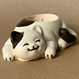 Uretti - Pınar 6606 - El Yapımı Bej - Kahverengi Sevimli Kedi Tealight Mumluk - 6 x 10 cm
