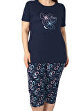 Kadın Bisiklet Yaka Düğmesiz Battal Kesim Viskon Kısa Kol Kapri Cepli Büyük Beden Pijama Takımı