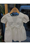 Kız Çocuk Beyaz Yaka Dantel Detaylı Sırt Baglamalı Kısa Kollu Bayramlık ve Özel Gün Elbise