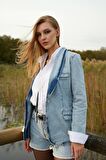Kadın Uzun Kollu Tek Düğmeli Jean Ceket Buz Mavi