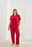 Kadın Desenli Kısa Kollu Esnek Yumuşak Dokulu Milan Kumaş Kırmızı Yazlık Büyük Beden Pijama Takımı