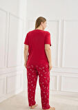 Kadın Desenli Kısa Kollu Esnek Yumuşak Dokulu Milan Kumaş Kırmızı Yazlık Büyük Beden Pijama Takımı