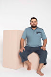 Erkek Büyük Beden 3 Düğme %100 Pamuk Kısa Kol Cepli Kapri Bermuda Pijama Takımı