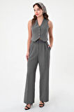 Kadın Gri Çizgili Yelek Pantolon Takım