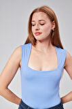Astarlı Sıfır Kol Kare Yaka Dekolteli Çıtçıtlı Bodysuit