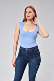 Astarlı Sıfır Kol Kare Yaka Dekolteli Çıtçıtlı Bodysuit