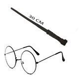 Harry Potter Asası 30 cm ve Siyah Metal Çerçeveli Harry Potter Gözlüğü Seti