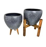 Ev Dekorasyon Gri Granit Toprak Saksı Saksılık Salon Çiçeklik İkili Set 3 Ayaklı- 4 Ayaklı- 15 CM