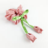  Woodycord El Yapımı Pembe-Yeşil Lale Model Scrunchie Toka