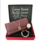 Anneler Günü Bordo Kol Saati-Deri Cüzdan-Siyah Penye Şal-Kolye-Bileklik Set