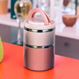 Tohana kulplu çelik sefer tası - yemek termosu saklama kabı 2 katlı pembe 930 ml.