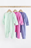 Next Baby % 100 Pamuklu Yeşil Pembe Mor 3’lü Tulum Set