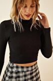 Siyah Yarım Balıkçı Yaka Fitilli Kaşkorse Crop Bluz