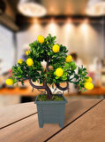 Bonsai Limon Ağacı Dekoratif Yapay Ağaç Yeşil Bonzai 28*23 CM Siyah Kare Saksıda