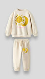 Erkek Çocuk  Ekru Güneş Ay Pamuklu 3 İplik Fırçalı Kumaş Alt Üst Eşofman Takımı 