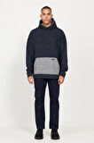 Erkek Indigo Melanj Oversize Bol Kesim Içi Polarlı 3 Iplik Kapüşonlu Sweatshirt