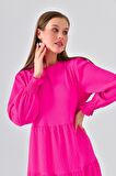 Fuşya Bisiklet Yaka Kol Gipe Detaylı Kat Kat Elbise