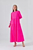 Fuşya Bisiklet Yaka Kol Gipe Detaylı Kat Kat Elbise
