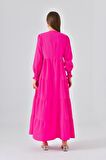 Fuşya Bisiklet Yaka Kol Gipe Detaylı Kat Kat Elbise