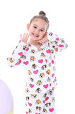 Ekru-Lila Çiçek Baskılı Biyeli Düğmeli %100 Pamuk Kız Çocuk Pijama Takımı