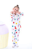 Ekru-Lila Çiçek Baskılı Biyeli Düğmeli %100 Pamuk Kız Çocuk Pijama Takımı