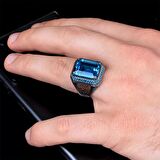 Blue Topaz Mikro Taşlı 925 Ayar Gümüş Erkek Yüzük Silver