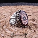 925 Ayar Gümüş Sıkma Kehribar Taşlı Teşkîlât-I Mahsûsa Desenli Erkek Yüzük