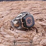 925 Ayar Gümüş Sıkma Kehribar Taşlı Göktürkler'in Devlet Arması Desenli Erkek Yüzük