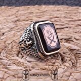 925 Ayar Gümüş Sıkma Kehribar Taşlı Çift Başlı Zülfikar Desenli Erkek Yüzük