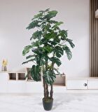 Yapay Çiçek Monstera Yeşil Deve Tabanı 3Katlı 135cm 54Yaprak Siyah Plastik Saksıda Yapay Bitki