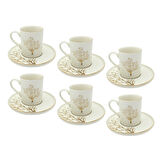 Altın Hayat Ağacı İkili Desenli 6 Kişilik Porselen Kahve Fincan Takımı