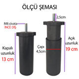 2 Adet Ayarlı Destek Ayağı 13 X 19 Cm Siyah Gizli Mobilya Kanepe Baza Koltuk Ayakları Metrik 8 Civatalı İnce Diş
