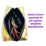 Makyaj Çantası Altın Gold Renkli Düzenleyici Seyahat Tipi Aynalı Kumaş Çok Amaçlı Çanta Organizer
