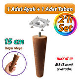 Ahşap Ayak 15 Cm 2'li Set Koyu Meşe M8 Civatalı Bağlantı Aparatlı Dolap Mobilya Koltuk Kanepe Destek Ayağı Ayakları