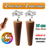 Ahşap Ayak 15 Cm 4'lü Set Koyu Meşe M8 Civatalı Bağlantı Aparatlı Dolap Mobilya Koltuk Kanepe Destek Ayağı Ayakları