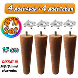 Ahşap Ayak 15 Cm 8'li Set Koyu Meşe M8 Civatalı Bağlantı Aparatlı Dolap Mobilya Koltuk Kanepe Destek Ayağı Ayakları