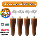 Ahşap Ayak 12 Cm 8'li Set Koyu Meşe M8 Civatalı Bağlantı Aparatlı Dolap Mobilya Koltuk Kanepe Destek Ayağı Ayakları
