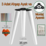 3 Adet Ahşap Ayak 35 Cm Beyaz M8 Civatalı Bağlantı Aparatlı Mobilya Tabure Sehpa Masa Destek Ayağı