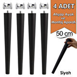 4 Adet Ahşap Ayak 50 Cm Siyah M8 Civatalı Bağlantı Aparatlı Mobilya Tabure Sehpa Masa Destek Ayağı