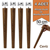 4 Adet Ahşap Ayak 50 Cm Ceviz M8 Civatalı Bağlantı Aparatlı Mobilya Tabure Sehpa Masa Destek Ayağı