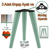 3 Adet Ahşap Ayak 50 Cm Su Yeşili M8 Civatalı Bağlantı Aparatlı Mobilya Tabure Sehpa Masa Destek Ayağı