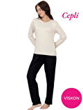 Kadın Bisiklet Yaka Düğmesiz Viskon Mevsimlik Uzun Kol Cepli Pijama Takımı