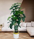 Yapay Çiçek Monstera Yeşil Deve Tabanı 3Katlı 135cm 54Yaprak Gold Kemerli Beyaz Saksıda Yapay Bitki