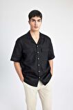 DeFacto %100 Keten Relax Fit Polo Yaka Yazlık Basic Düz Kısa Kollu Siyah Gömlek B6687AX24SPBK27