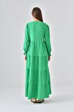 Yeşil Bisiklet Yaka Kol Gipe Detaylı Kat Kat Elbise